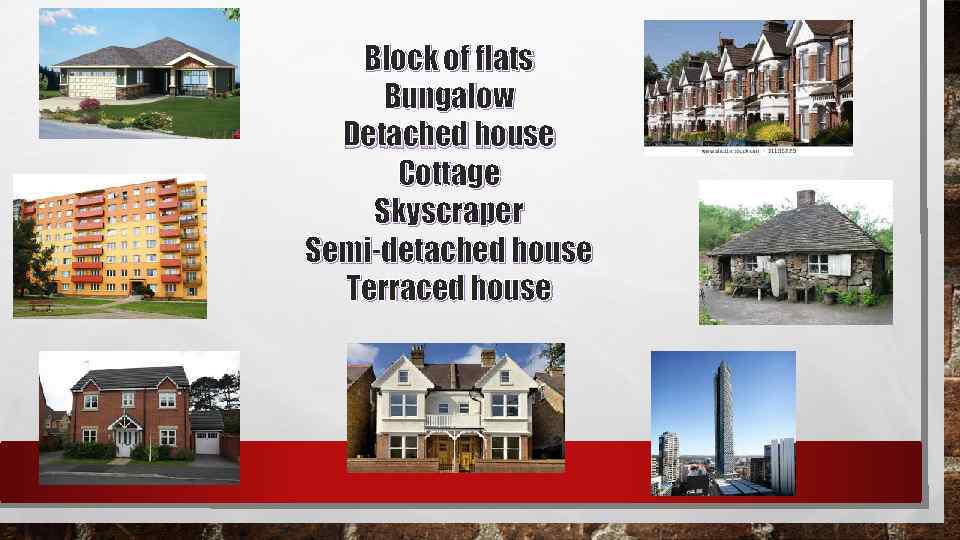 Block of flats Bungalow Detached house Cottage Skyscraper Semi-detached house Terraced house 