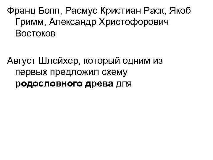 Франц Бопп, Расмус Кристиан Раск, Якоб Гримм, Александр Христофорович Востоков Август Шлейхер, который одним