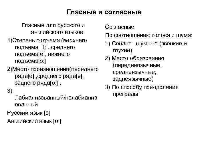 Гласные и согласные Гласные для русского и английского языков 1)Степень подъема (верхнего подъема [i: