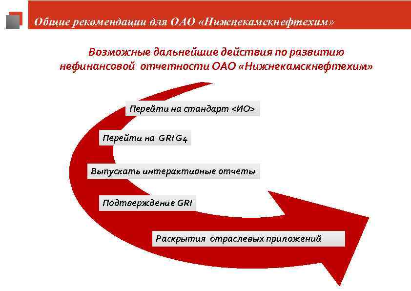 Общие рекомендации для ОАО «Нижнекамскнефтехим» Возможные дальнейшие действия по развитию нефинансовой отчетности ОАО «Нижнекамскнефтехим»