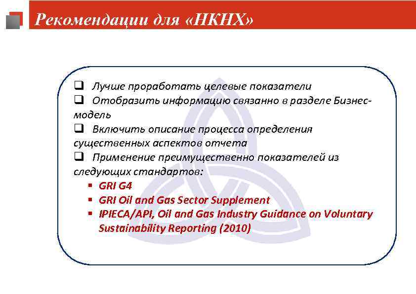 Рекомендации для «НКНХ» q Лучше проработать целевые показатели q Отобразить информацию связанно в разделе