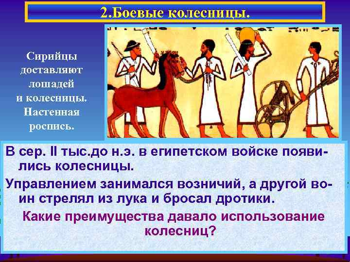 2. Боевые колесницы. Сирийцы доставляют лошадей и колесницы. Настенная роспись. В сер. II тыс.