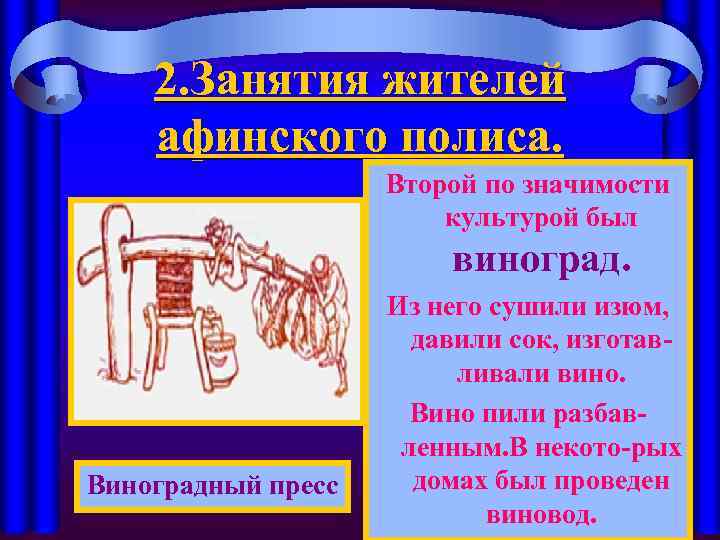 2. Занятия жителей афинского полиса. Второй по значимости культурой был виноград. Виноградный пресс Из