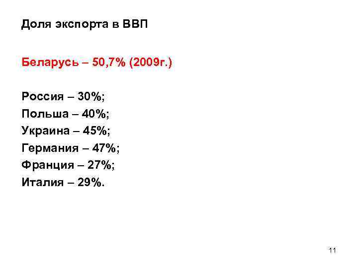 Доля экспорта в ВВП Беларусь – 50, 7% (2009 г. ) Россия – 30%;