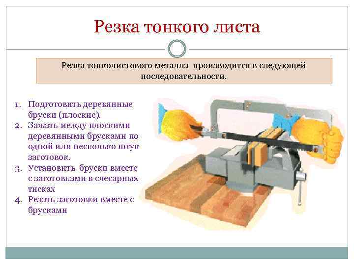 Резка тонкого листа Резка тонколистового металла производится в следующей последовательности. 1. Подготовить деревянные бруски