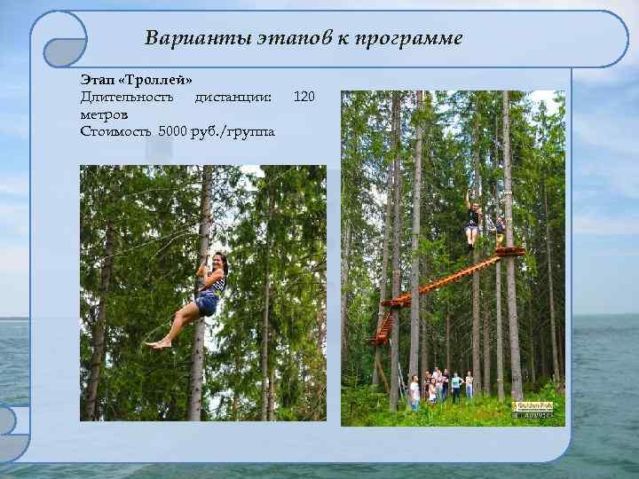 Варианты этапов к программе Этап «Троллей» Длительность дистанции: метров Стоимость 5000 руб. /группа 120