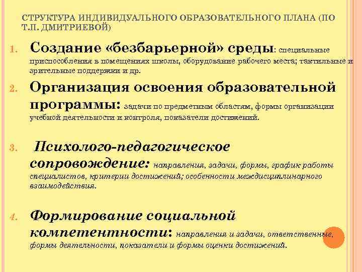 СТРУКТУРА ИНДИВИДУАЛЬНОГО ОБРАЗОВАТЕЛЬНОГО ПЛАНА (ПО Т. П. ДМИТРИЕВОЙ) 1. Создание «безбарьерной» среды: специальные приспособления