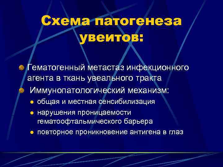 Схема патогенеза увеитов: Гематогенный метастаз инфекционного агента в ткань увеального тракта Иммунопатологический механизм: l