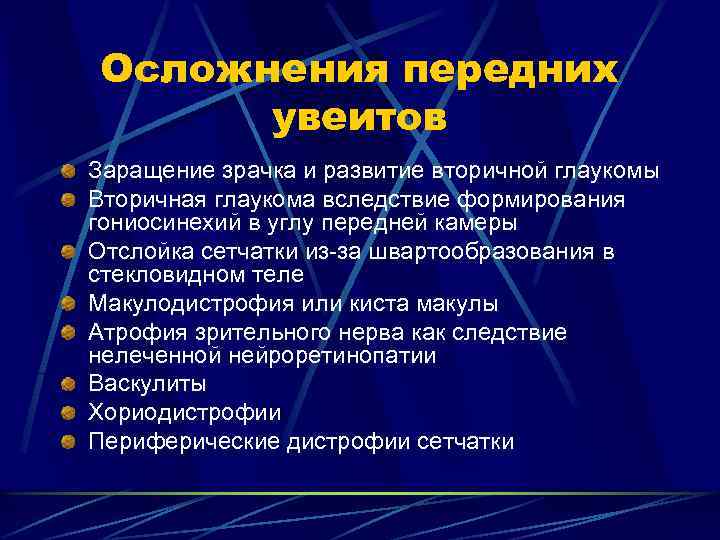 Осложнения передних увеитов Заращение зрачка и развитие вторичной глаукомы Вторичная глаукома вследствие формирования гониосинехий