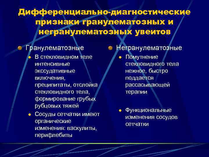 Дифференциально-диагностические признаки гранулематозных и негранулематозных увеитов Гранулематозные l l В стекловидном теле интенсивные экссудативные