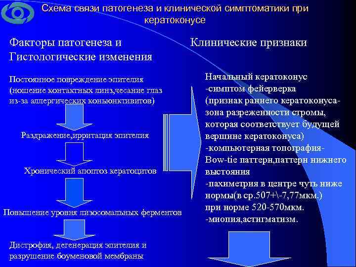 Схема связи патогенеза и клинической симптоматики при кератоконусе Факторы патогенеза и Гистологические изменения Постоянное