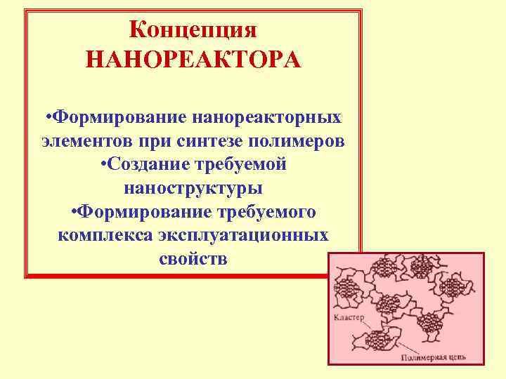Концепция НАНОРЕАКТОРА • Формирование нанореакторных элементов при синтезе полимеров • Создание требуемой наноструктуры •
