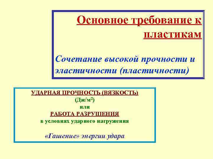 Основное требование к пластикам Сочетание высокой прочности и эластичности (пластичности) УДАРНАЯ ПРОЧНОСТЬ (ВЯЗКОСТЬ) (Дж/м