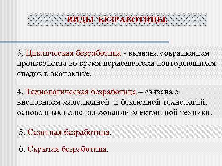 ВИДЫ БЕЗРАБОТИЦЫ. 3. Циклическая безработица - вызвана сокращением производства во время периодически повторяющихся спадов