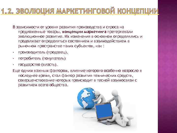 1. 2. ЭВОЛЮЦИЯ МАРКЕТИНГОВОЙ КОНЦЕПЦИИ В зависимости от уровня развития производства и спроса на