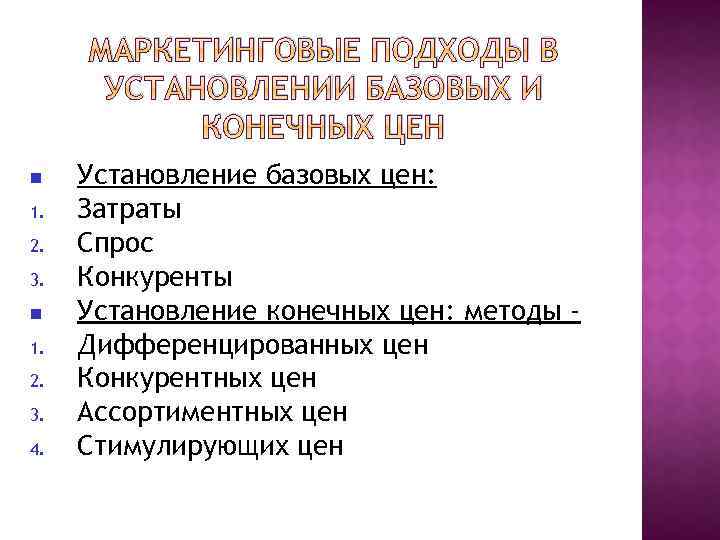 МАРКЕТИНГОВЫЕ ПОДХОДЫ В УСТАНОВЛЕНИИ БАЗОВЫХ И КОНЕЧНЫХ ЦЕН 1. 2. 3. 4. Установление базовых