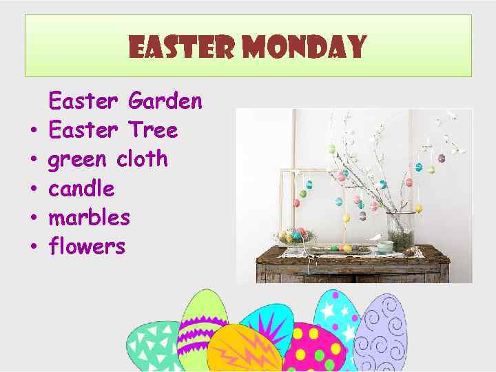 Easter monday • • • Easter Garden Easter Tree green cloth candle marbles flowers