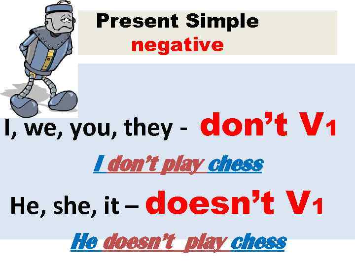 Present Simple negative I, we, you, they - don’t V 1 I don’t play