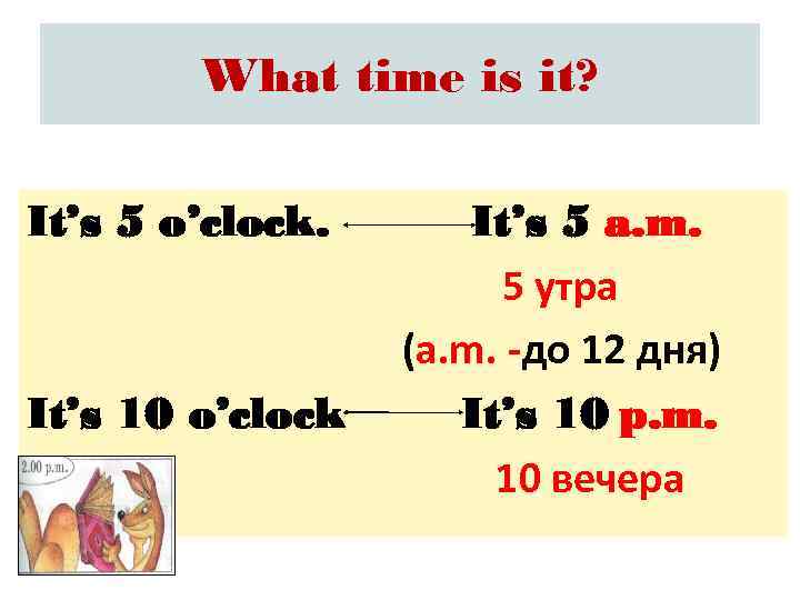 What time is it? It’s 5 o’clock. It’s 10 o’clock It’s 5 a. m.