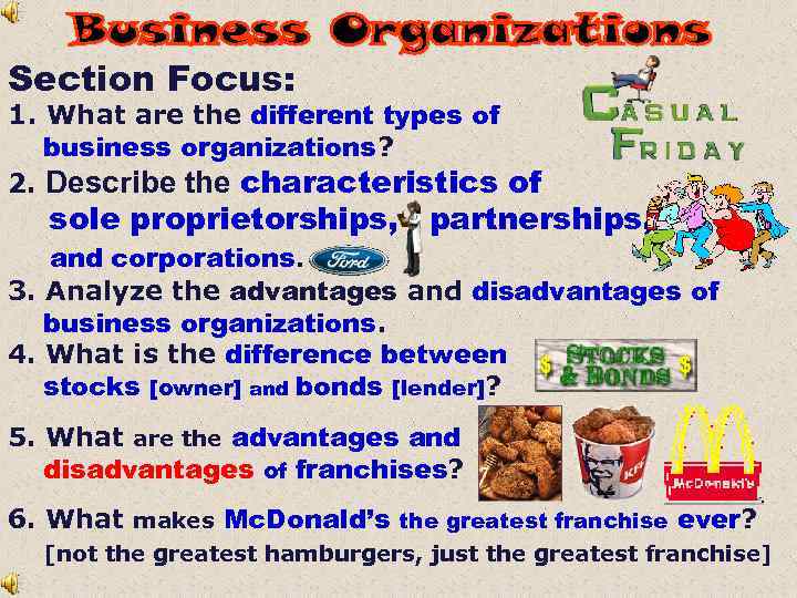 Section Focus: 1. What are the different types of business organizations? 2. Describe the
