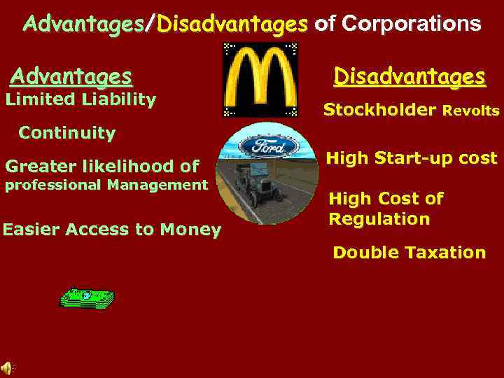 Advantages/Disadvantages of Corporations Advantages Limited Liability Disadvantages Stockholder Revolts Continuity Greater likelihood of professional