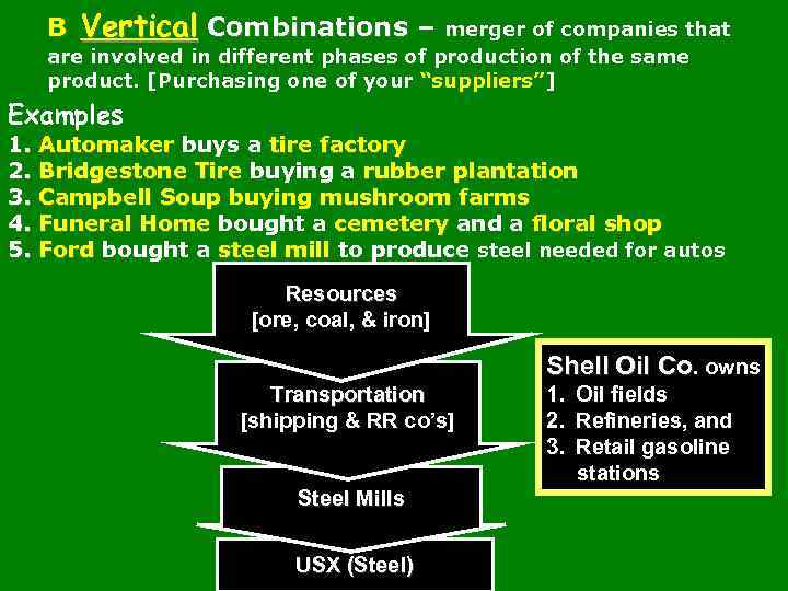 B Vertical Combinations – merger of companies that are involved in different phases of