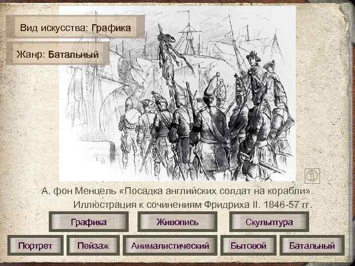 Вид искусства: Графика Жанр: Батальный А. фон Менцель «Посадка английских солдат на корабли» .