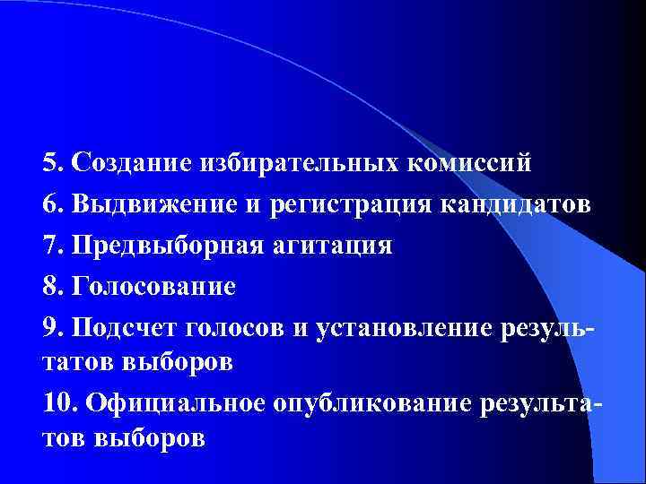 5. Создание избирательных комиссий 6. Выдвижение и регистрация кандидатов 7. Предвыборная агитация 8. Голосование