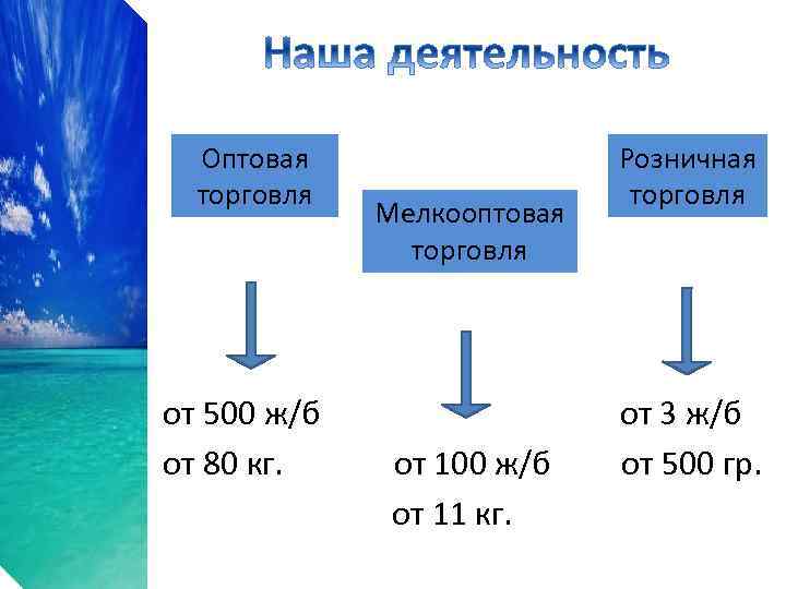 Оптовая торговля Мелкооптовая торговля Розничная торговля от 500 ж/б от 3 ж/б от 80