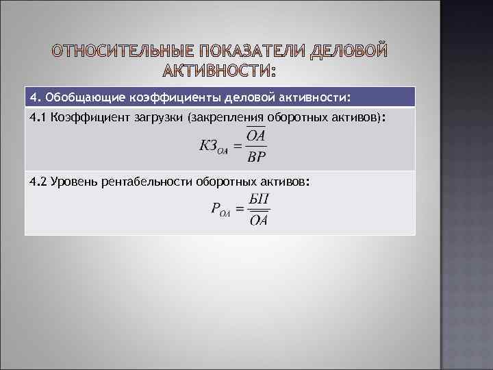 4. Обобщающие коэффициенты деловой активности: 4. 1 Коэффициент загрузки (закрепления оборотных активов): 4. 2