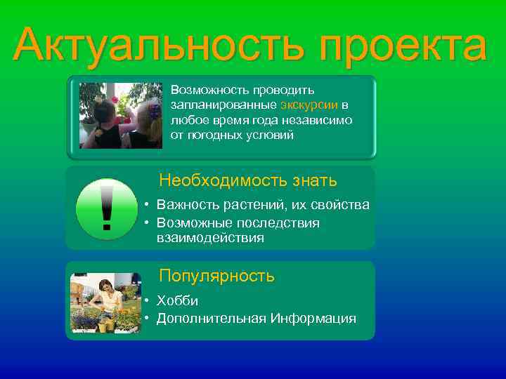Актуальность проекта Возможность проводить запланированные экскурсии в любое время года независимо от погодных условий