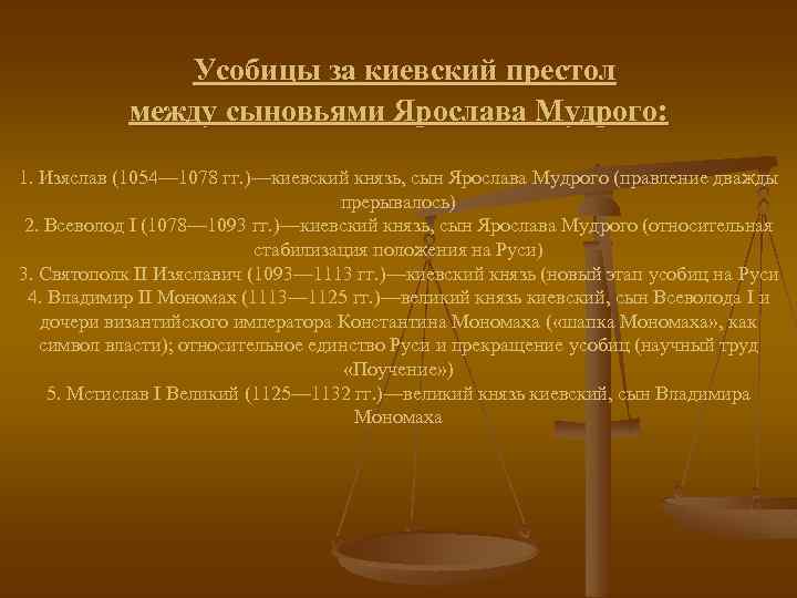 Усобицы за киевский престол между сыновьями Ярослава Мудрого: 1. Изяслав (1054— 1078 гг. )—киевский
