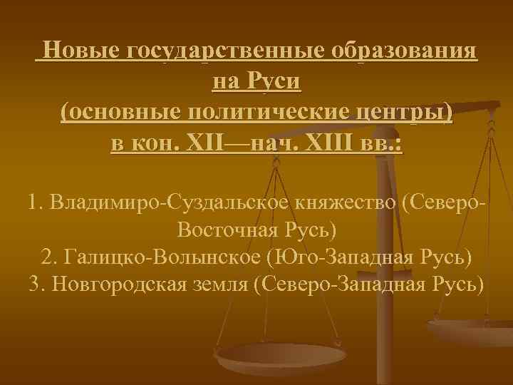 Новые государственные образования на Руси (основные политические центры) в кон. XII—нач. ХIII вв. :