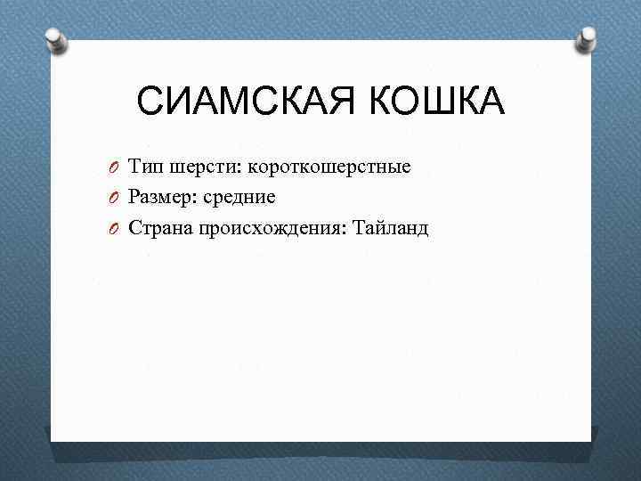 СИАМСКАЯ КОШКА O Тип шерсти: короткошерстные O Размер: средние O Страна происхождения: Тайланд 