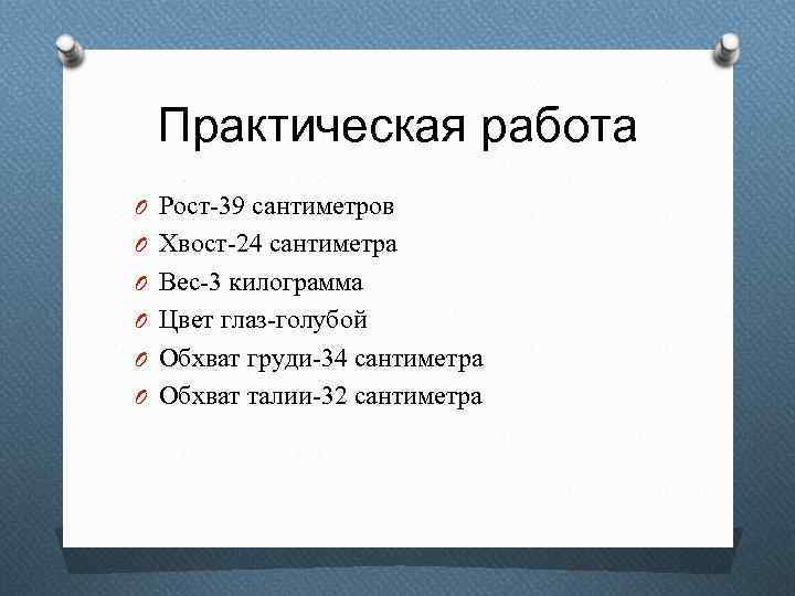 Практическая работа O Рост-39 сантиметров O Хвост-24 сантиметра O Вес-3 килограмма O Цвет глаз-голубой