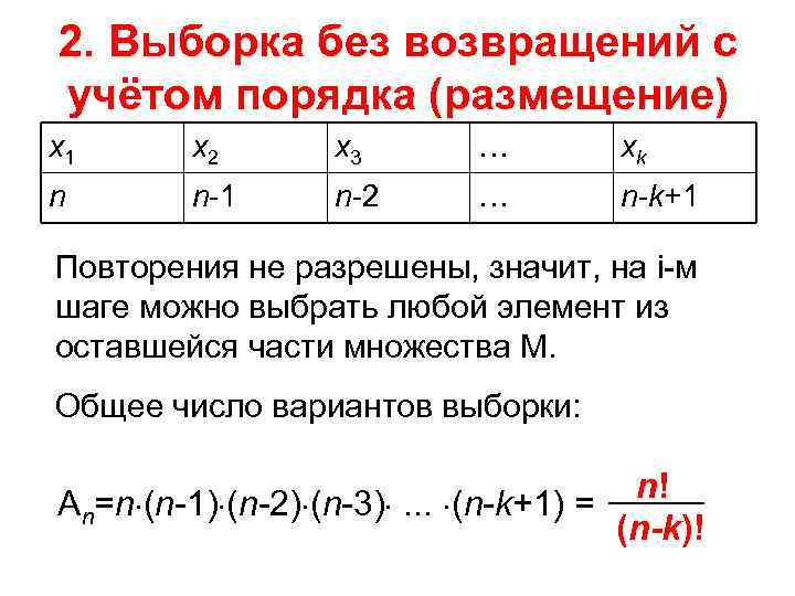 2. Выборка без возвращений с учётом порядка (размещение) х1 х2 х3 … хk n