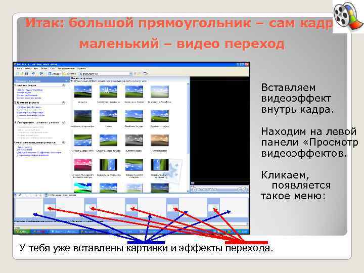 Итак: большой прямоугольник – сам кадр, маленький – видео переход Вставляем видеоэффект внутрь кадра.