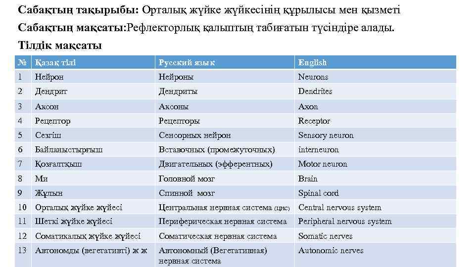 Сабақтың тақырыбы: Орталық жүйкесінің құрылысы мен қызметі Сабақтың мақсаты: Рефлекторлық қалыптың табиғатын түсіндіре алады.