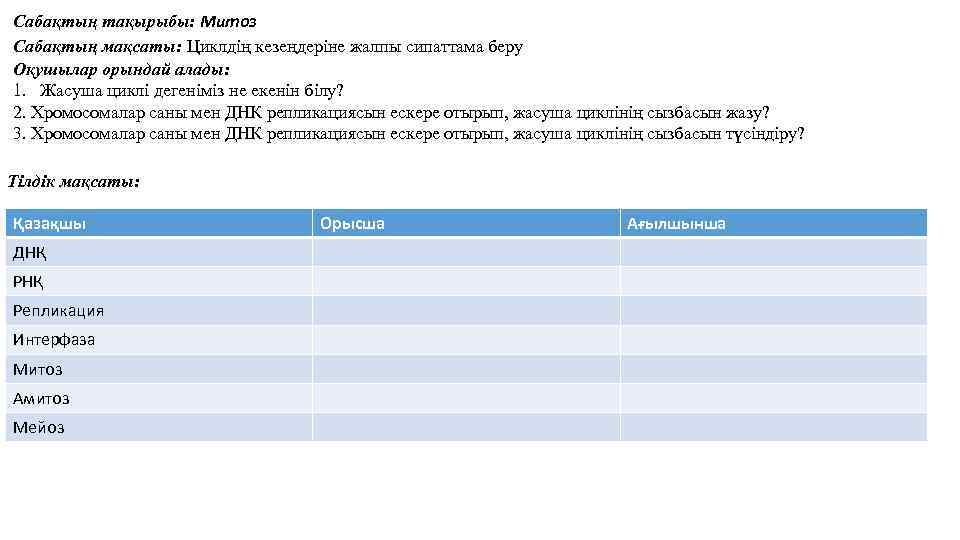 Сабақтың тақырыбы: Митоз Сабақтың мақсаты: Циклдің кезеңдеріне жалпы сипаттама беру Оқушылар орындай алады: 1.
