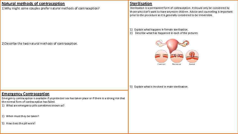 Natural methods of contraception 1)Why might some couples prefer natural methods of contraception? Sterilisation