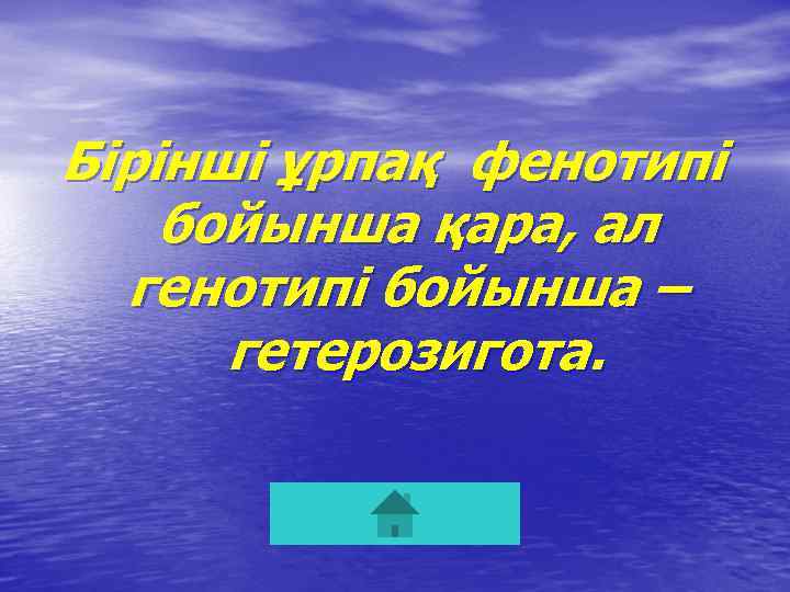 Бірінші ұрпақ фенотипі бойынша қара, ал генотипі бойынша – гетерозигота. 