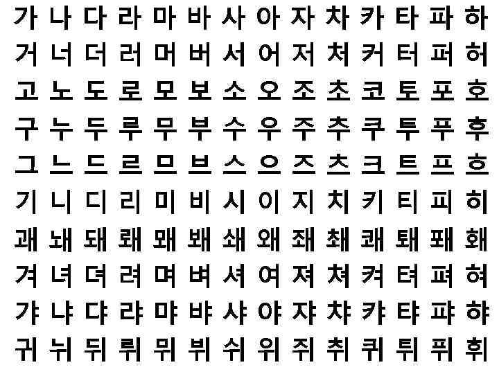 가나다라마바사아자차카타파하 거너더러머버서어저처커터퍼허 고노도로모보소오조초코토포호 구누두루무부수우주추쿠투푸후 그느드르므브스으즈츠크트프흐 기니디리미비시이지치키티피히 괘놰돼뢔뫠봬쇄왜좨쵀쾌퇘퐤홰 겨녀뎌려며벼셔여져쳐켜텨펴혀 갸냐댜랴먀뱌샤야쟈챠캬탸퍄햐 귀뉘뒤뤼뮈뷔쉬위쥐취퀴튀퓌휘 