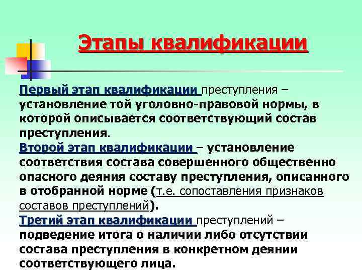Этапы квалификации Первый этап квалификации преступления – Первый этап квалификации установление той уголовно-правовой нормы,