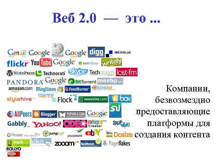 Веб 2. 0 — это. . . Компании, безвозмездно предоставляющие платформы для создания контента