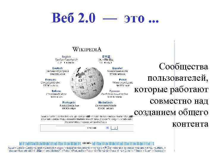 Веб 2. 0 — это. . . Сообщества пользователей, которые работают совместно над созданием