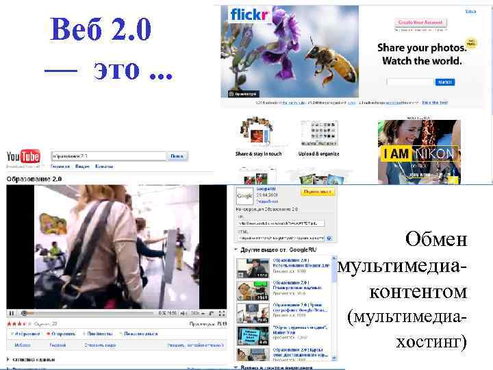 Веб 2. 0 — это. . . Обмен мультимедиаконтентом (мультимедиахостинг) 