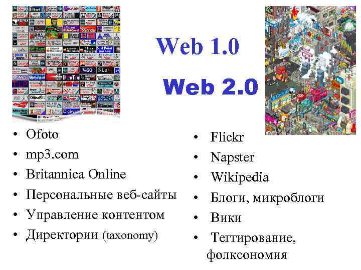 Web 1. 0 Web 2. 0 • • • Ofoto mp 3. com Britannica