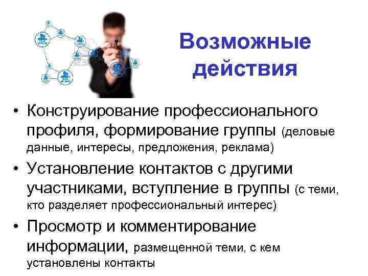 Возможные действия • Конструирование профессионального профиля, формирование группы (деловые данные, интересы, предложения, реклама) •