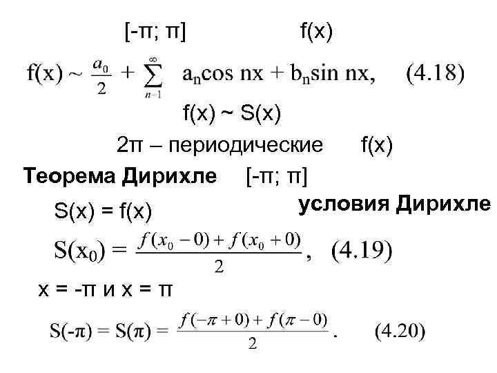 [-π; π] f(x) ~ S(x) 2π – периодические f(x) Теорема Дирихле [-π; π] условия