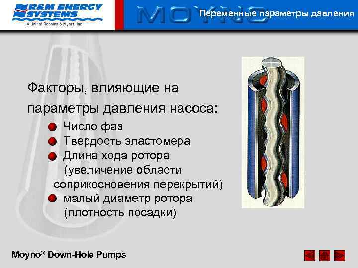 Переменные параметры давления Факторы, влияющие на параметры давления насоса: Число фаз Твердость эластомера Длина